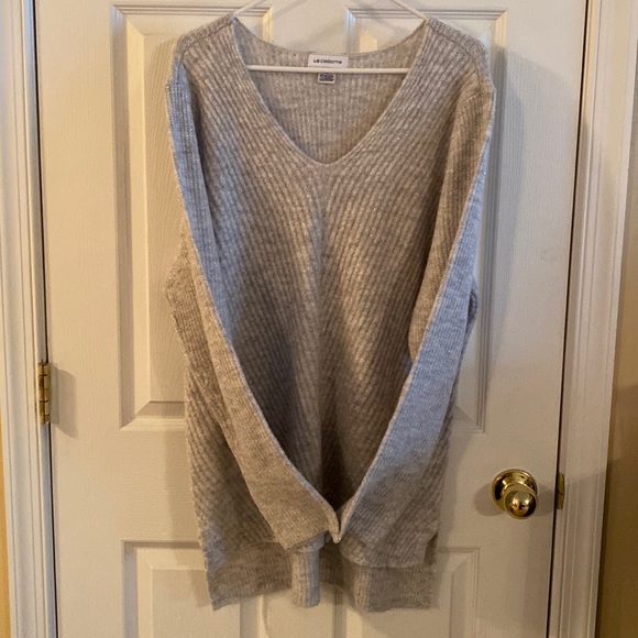 Pull Femme Liz Claiborne XL Col V Argent Et Blanc Rayé - Mélange Coton - Occasion Très Bon État